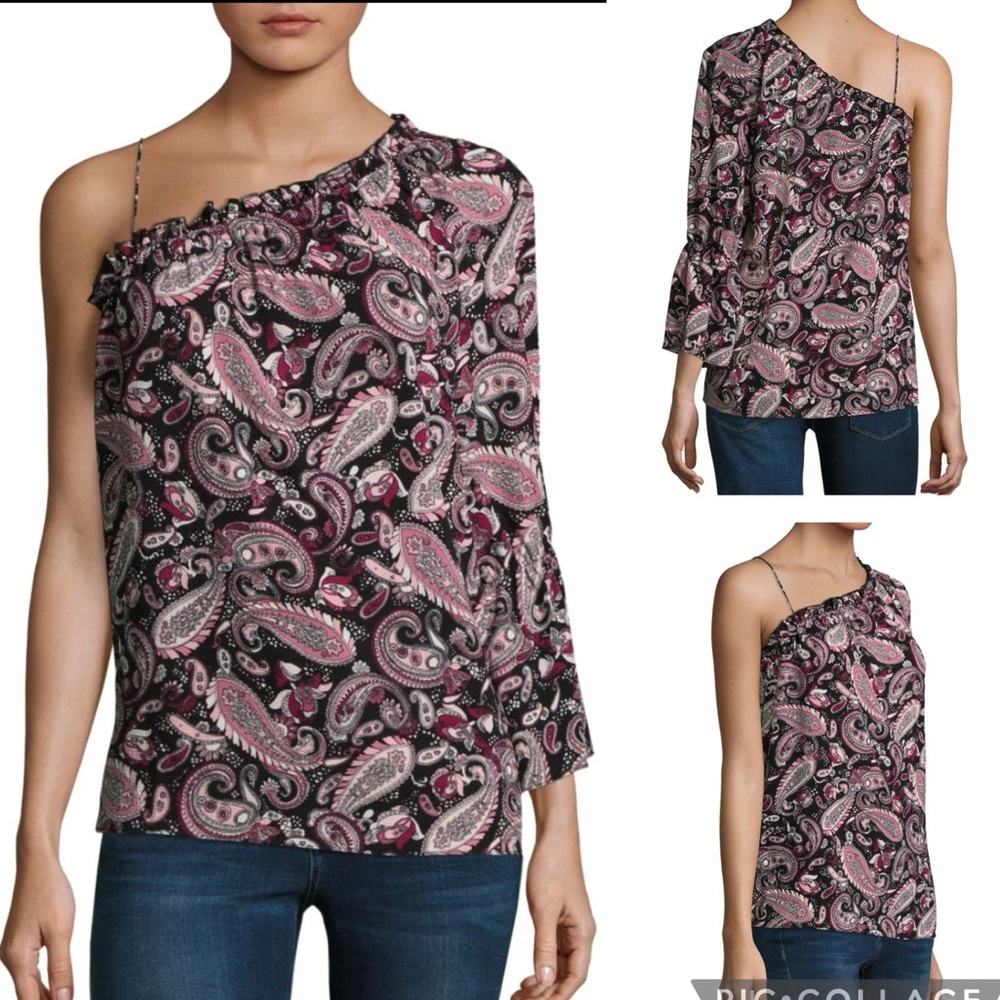 Libby Edelman Paisley Party-Pink Print One-Sleeve Top.